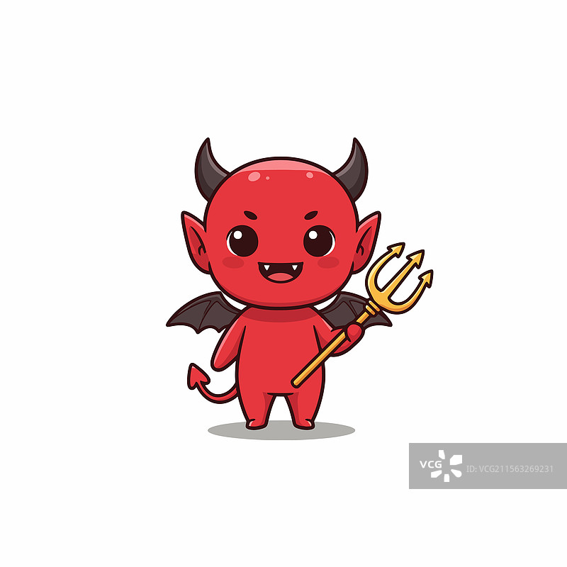 可爱的恶魔角色手持叉子，背景为纯色。图片素材