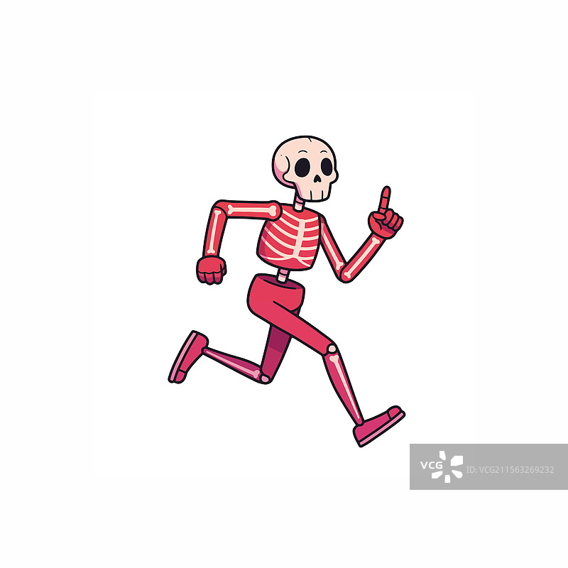 卡通骷髅跑步，手指向上指。图片素材