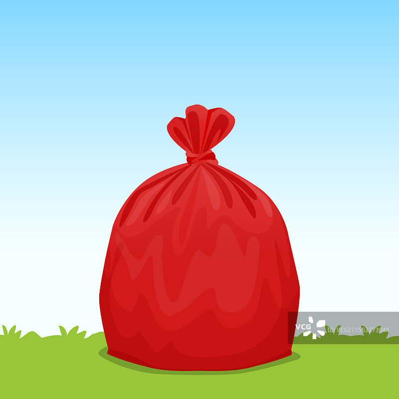 草地上的红色塑料垃圾袋与天空背景图片素材