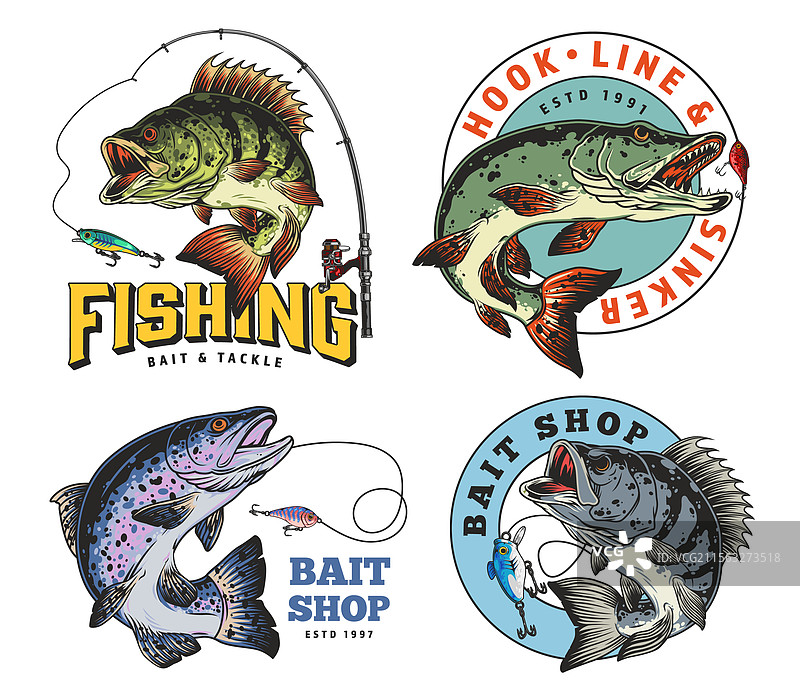 钓鱼标志和饵料店的徽标设计图片素材