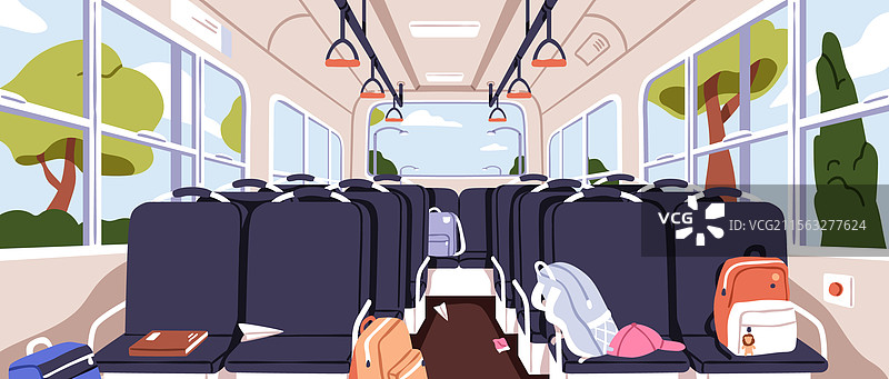 空荡荡的校车内部，配有座椅和椅子图片素材