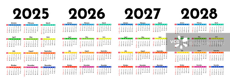 2025年、2026年、2027年和2028年的日历套装图片素材