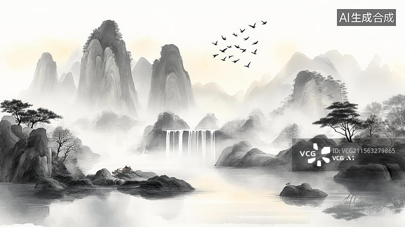 【AI数字艺术】水墨山水画意境风景图图片素材