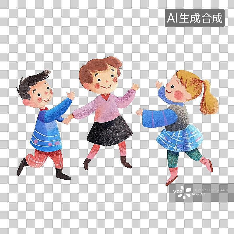 【AI数字艺术】卡通小伙伴玩耍手拉手玩游戏儿童节可爱手绘彩铅风格插画背景图片素材