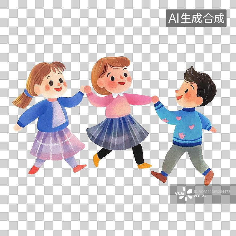 【AI数字艺术】卡通小伙伴玩耍手拉手玩游戏儿童节可爱手绘彩铅风格插画背景图片素材