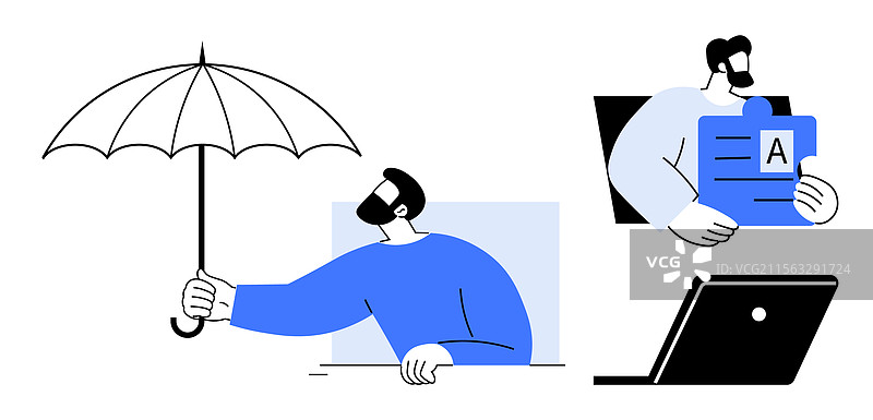 男人撑着伞，伸手去拿文件图片素材