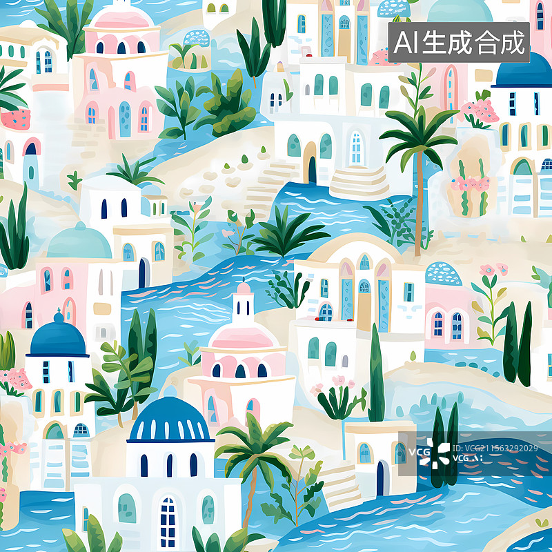 【AI数字艺术】地中海沿岸村庄图片素材