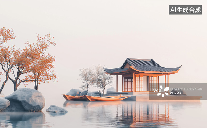【AI数字艺术】3D三维中式中国风园林湖边建筑亭台楼阁湖石小舟背景图片素材