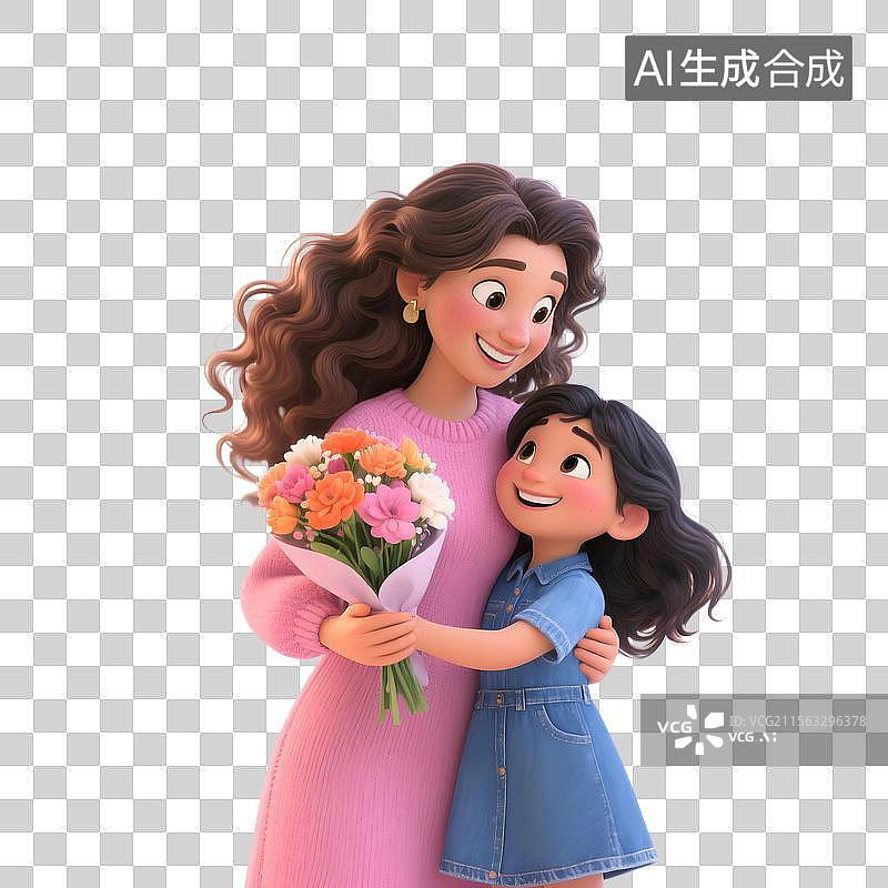 【AI数字艺术】女儿给妈妈送花拥抱妈妈感恩母亲节插画图片素材