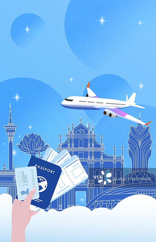 澳门旅游假期休假出行国内游乘坐飞机直达护照机票图片素材