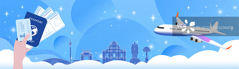 澳门旅游假期休假出行国内游乘坐飞机直达护照机票图片素材