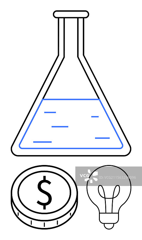 科学烧瓶中装有液体、硬币和灯泡图片素材