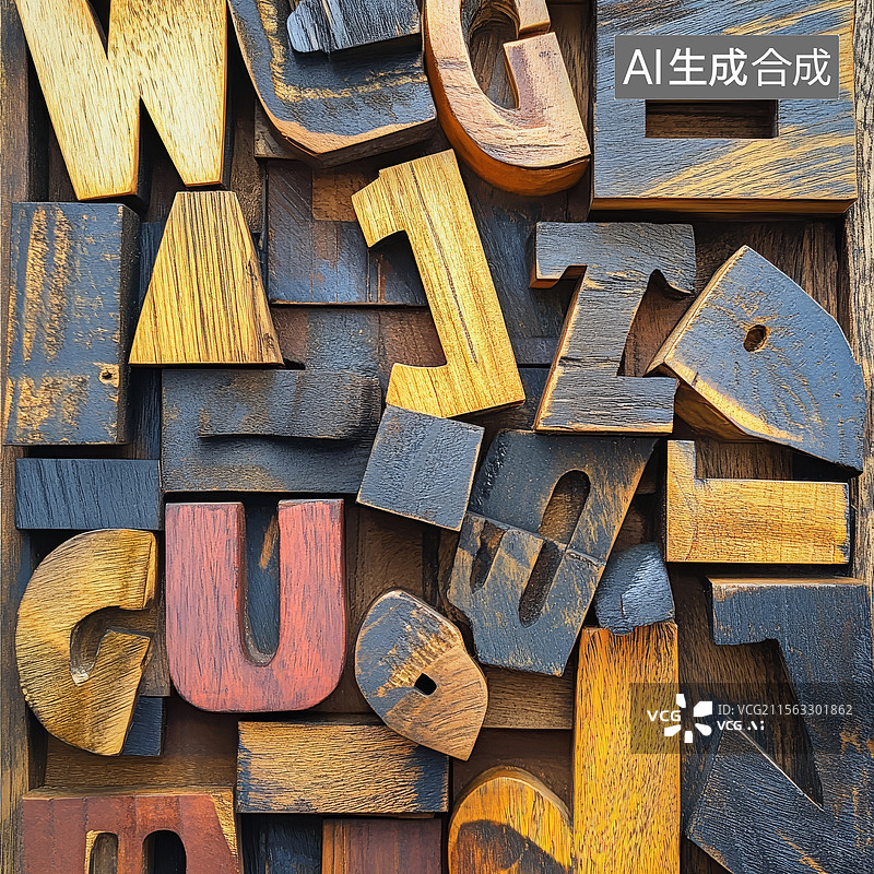 【AI数字艺术】各种颜色和大小的木制字母块图片素材