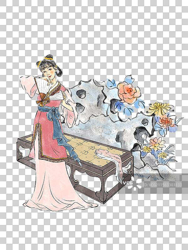红楼梦典故晴雯撕扇插画元素，古代美女在园林公园里游玩赏花。图片素材