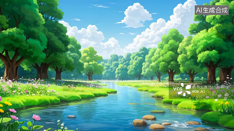 【AI数字艺术】森林中的河流风景插画图片素材