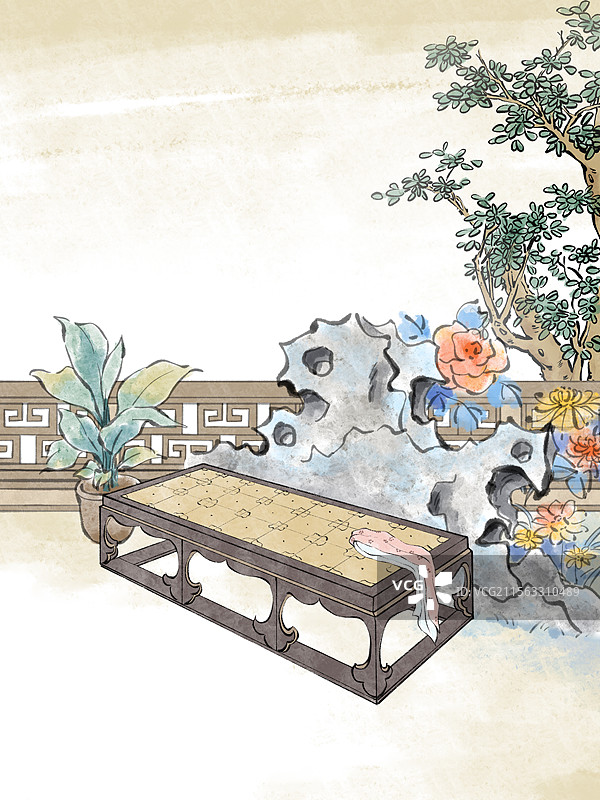 古风中国风水墨风园林公园花园庭院亭台楼阁假山石植物花卉场景插画素材图片素材