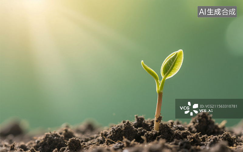 【AI数字艺术】绿苗在土壤中破土而出茁壮生长，成长环保理念图片素材