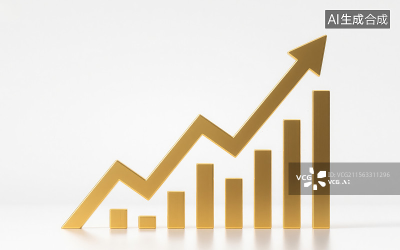 【AI数字艺术】白色背景，金色条形统计图和上升的箭头图片素材