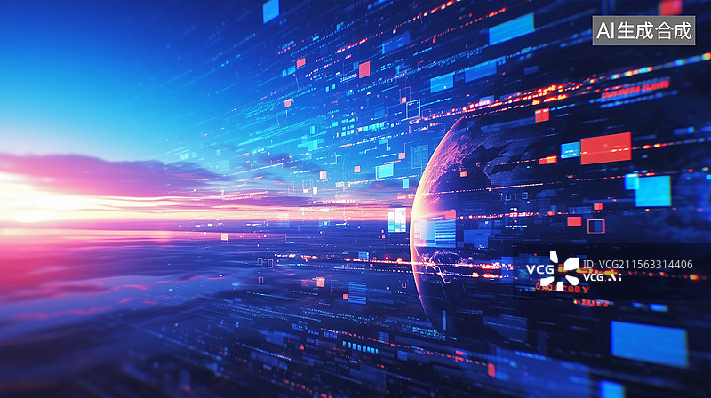 【AI数字艺术】科技感光速地球数据流背景图片素材