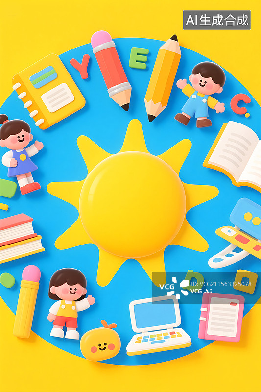 【AI数字艺术】用于小学幼儿园开学学习，字母太阳书本铅笔电脑元素公告海报模板图片素材