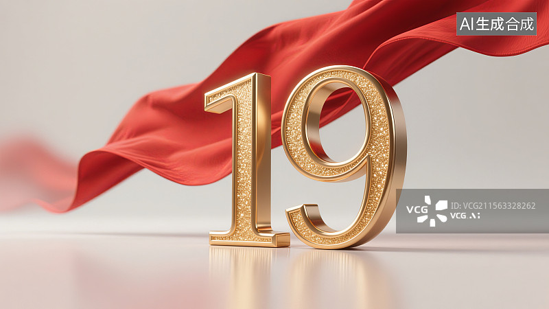 【AI数字艺术】金色数字19与红色丝带背景图片素材