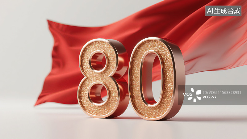 【AI数字艺术】金色数字80与红色丝带背景图片素材
