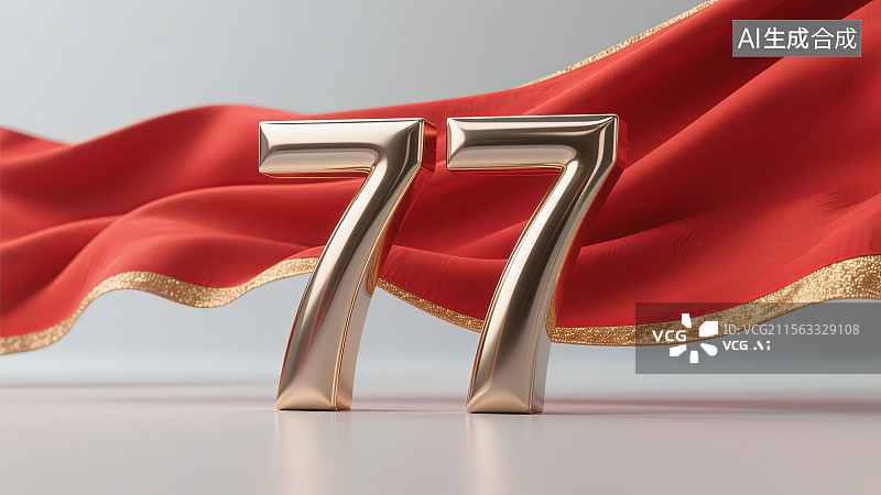 【AI数字艺术】金色数字77与红色丝带背景图片素材