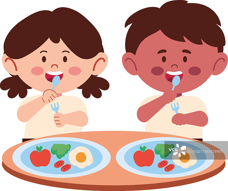 学生吃两个孩子的午餐卡通图图片素材