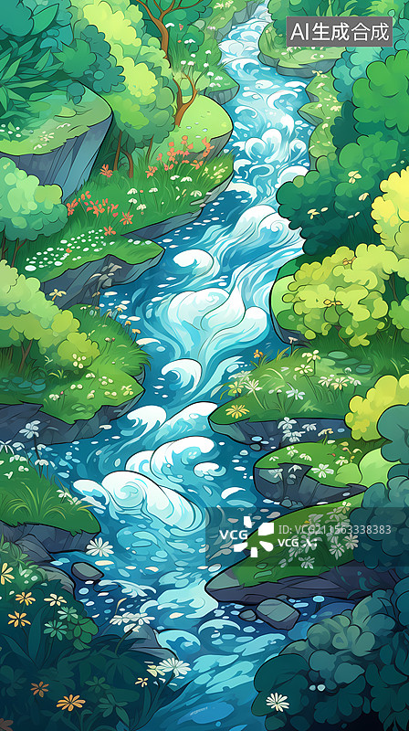 【AI数字艺术】葱郁森林中的清澈溪流图片素材