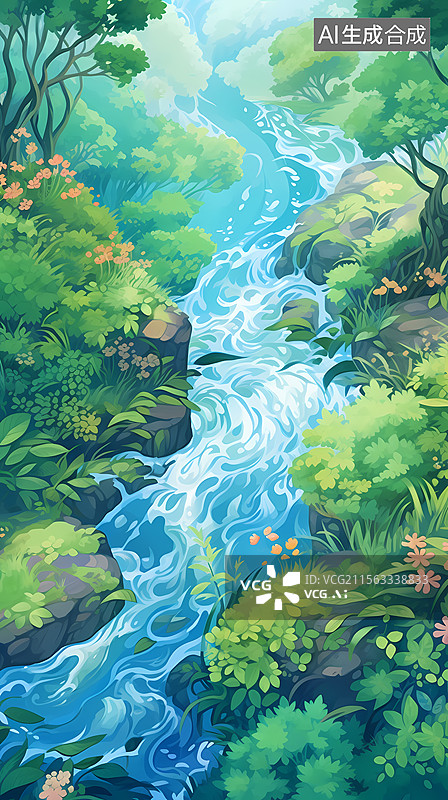 【AI数字艺术】葱郁森林中的清澈溪流图片素材