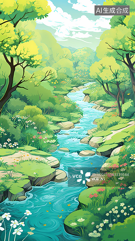 【AI数字艺术】葱郁森林中的清澈溪流图片素材