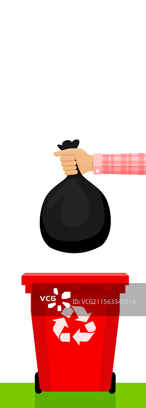 手握黑色塑料垃圾袋和红色垃圾桶图片素材