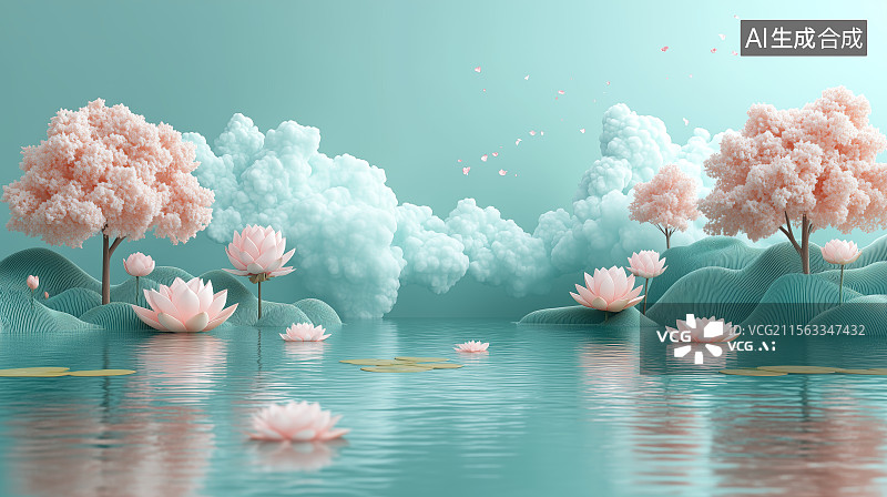 【AI数字艺术】梦幻般的莲花池景图片素材