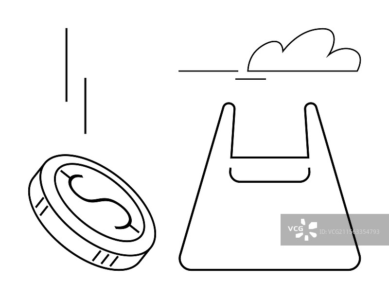 硬币掉入购物袋，头顶有云彩图片素材