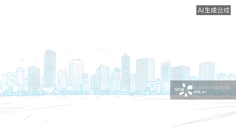 【AI数字艺术】白底浅蓝渐变城市天际线极简矢量插画图片素材