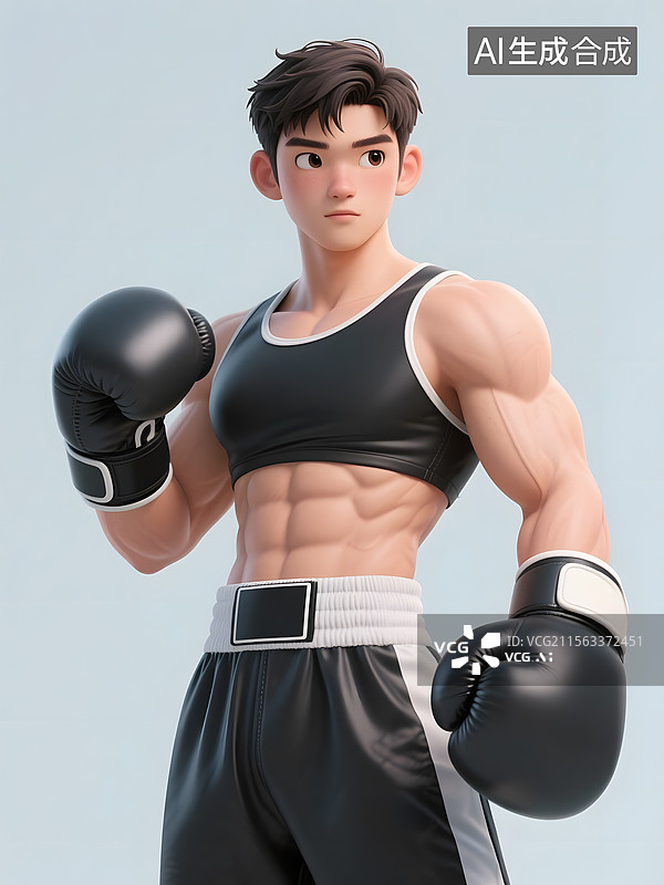 【AI数字艺术】拳击运动拳击手3D卡通形象纯色背景图片素材