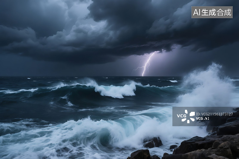 【AI数字艺术】海边的狂风暴雨 闪电 雷暴 负面 乌云 负能量 心情 天气图片素材