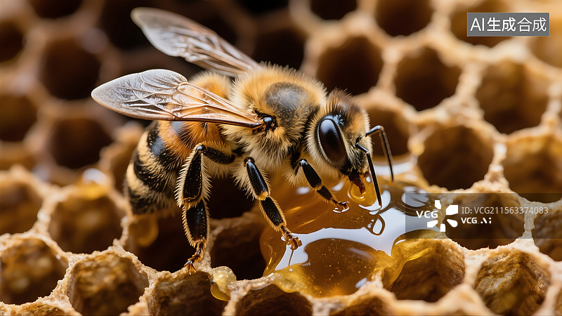 【AI数字艺术】蜜蜂和蜂巢的微观特写 规则排列的六边形蜂窝结构 几何美感 蜂蜜图片素材
