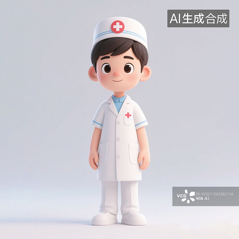 【AI数字艺术】护士节中国男生医疗工作者 3D三维建模渲染卡通IP形象设计可爱盲盒 红十字帽子白大褂职业工作服装图片素材