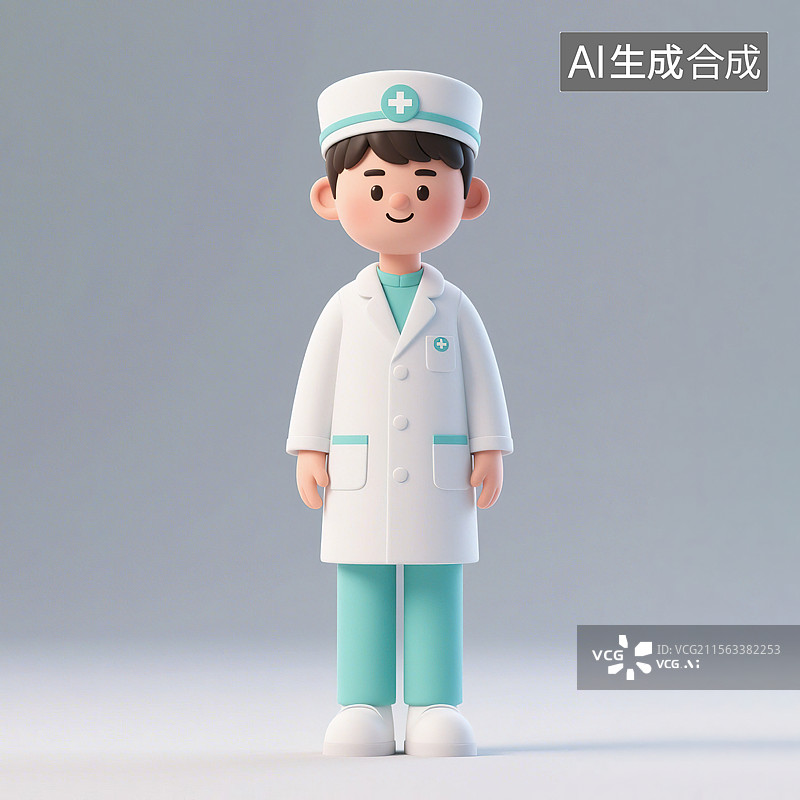 【AI数字艺术】护士节中国男生医疗工作者 3D三维建模渲染卡通IP形象设计可爱盲盒 红十字帽子白大褂职业工作服装图片素材