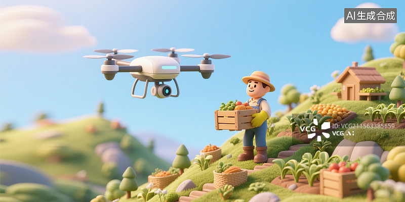 【AI数字艺术】智慧科技助力农业改变生活无人机帮农民从山上运送农副产品 3D立体微缩景观卡通创意插画开心快乐幸福先进图片素材