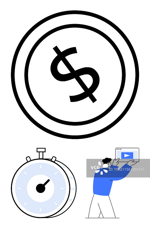 圆圈中的美元符号、秒表和人图片素材