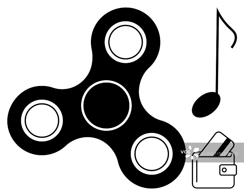 指尖陀螺、音符和装有卡片的钱包图片素材