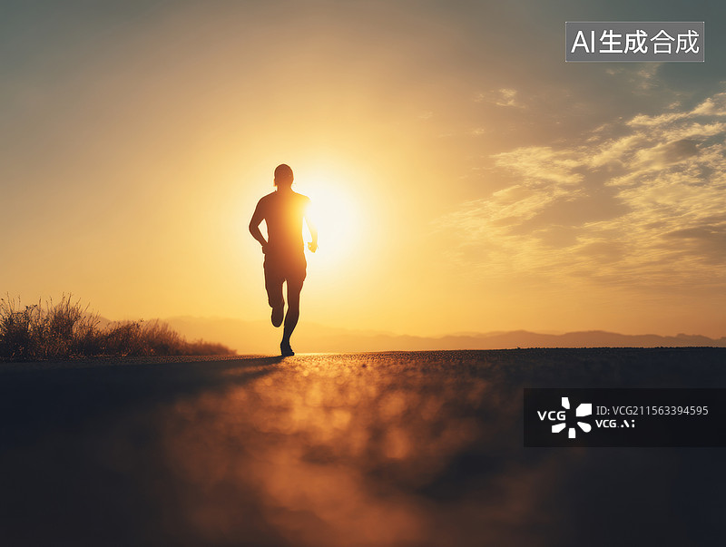 【AI数字艺术】日出时在迎着阳光奔跑的人图片素材