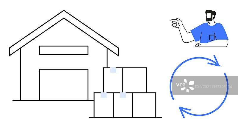 仓库内堆放着箱子，有人正在指挥。图片素材