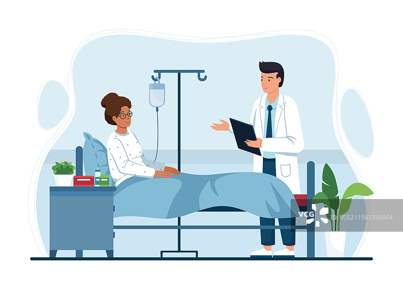医院病房中躺在床上的病人看医生图片素材