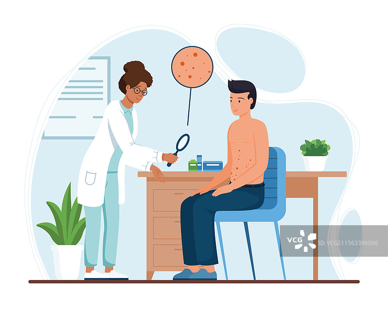 皮肤科医生正在检查患者的皮疹图片素材