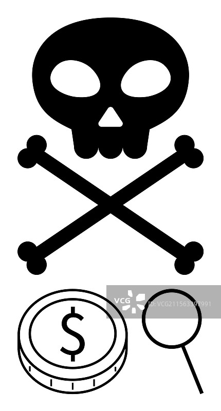 带有硬币和放大镜的骷髅与交叉骨图片素材
