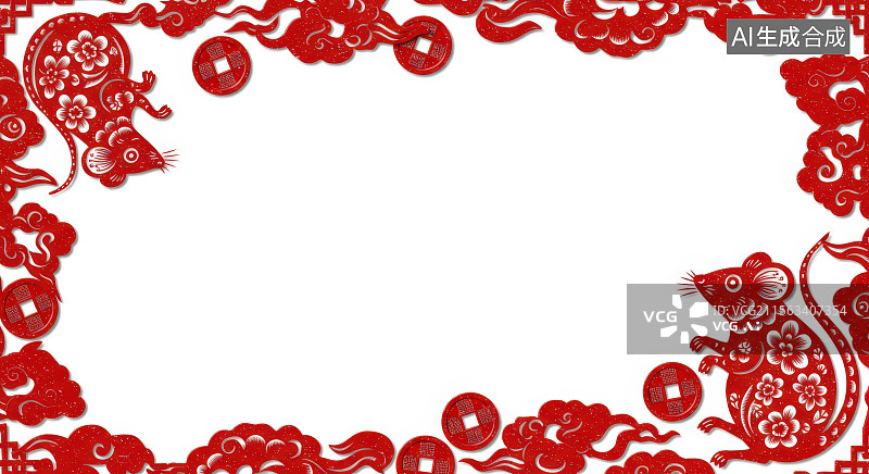 【AI数字艺术】红色剪纸艺术中的老鼠图案图片素材