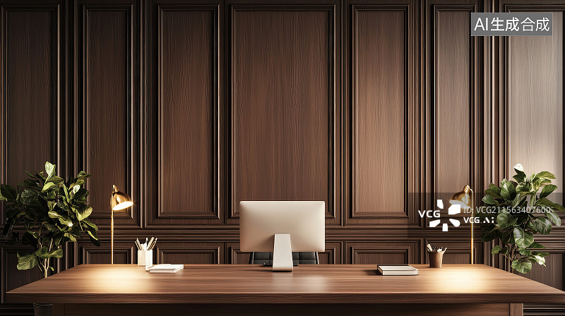 【AI数字艺术】3D渲染现代建筑木纹简约轻奢风格高端写字楼内部总裁经理领导办公室图片素材